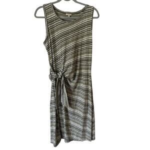 Talbots Olive Green Striped Cotton Tie-Waist Dress Size M Sleeveless Casual Midi